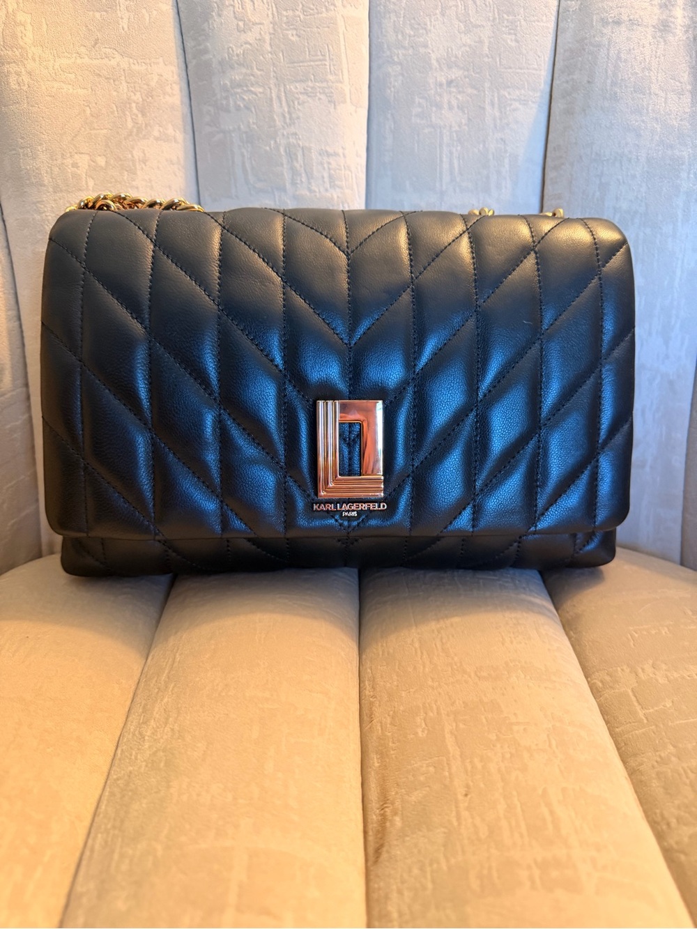 Karl Lagerfeld Paris Black Lafayette Shoulder Bag with Gold tone Hardware